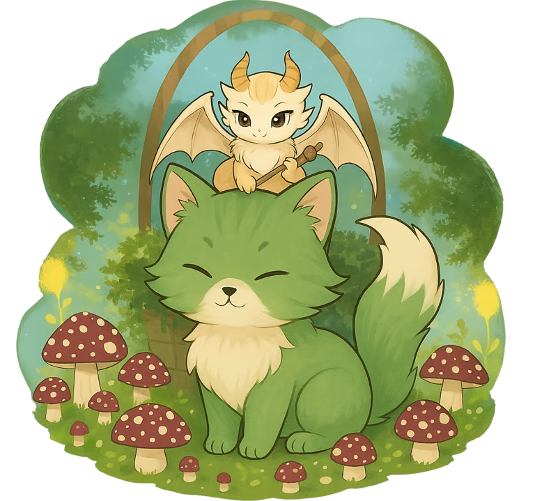 Cute fantasy fox and dragon illustration